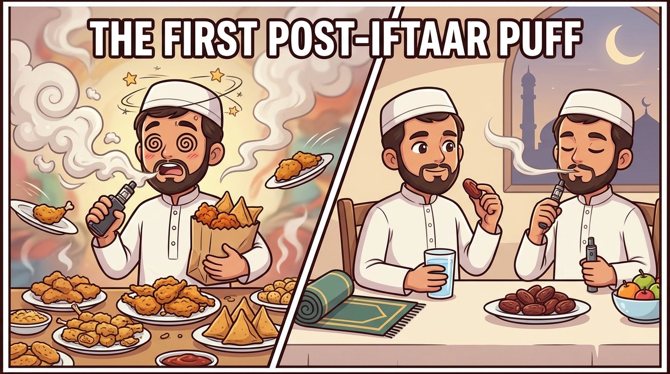 On the left, a man is overwhelmed by food and takes a big puff from his vape; on the right, two men are calmly eating dates and enjoying vaping pods after Iftaar during Ramadan