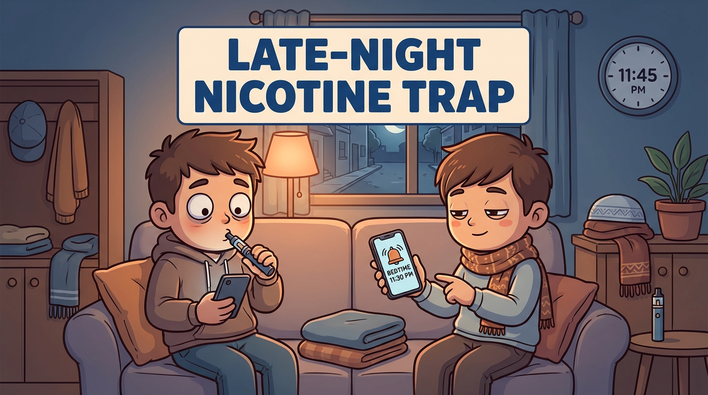 two boys sitting on a couch late at night. One is vaping with nicotine vape pods while using a phone, and the other is checking his phone with a bedtime reminder at 11:30 PM