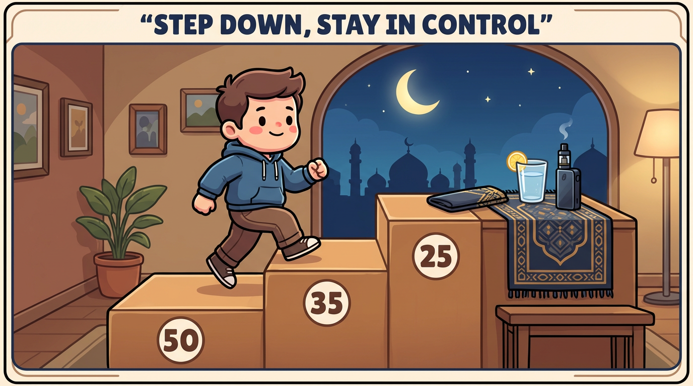 A boy stepping down from numbered boxes labeled 50, 35, and 25, with a cozy background featuring a vape device, water glass, and a prayer rug. The window shows the crescent moon and a night scene, conveying the theme of staying in control during Ramadan with a focus on vaping