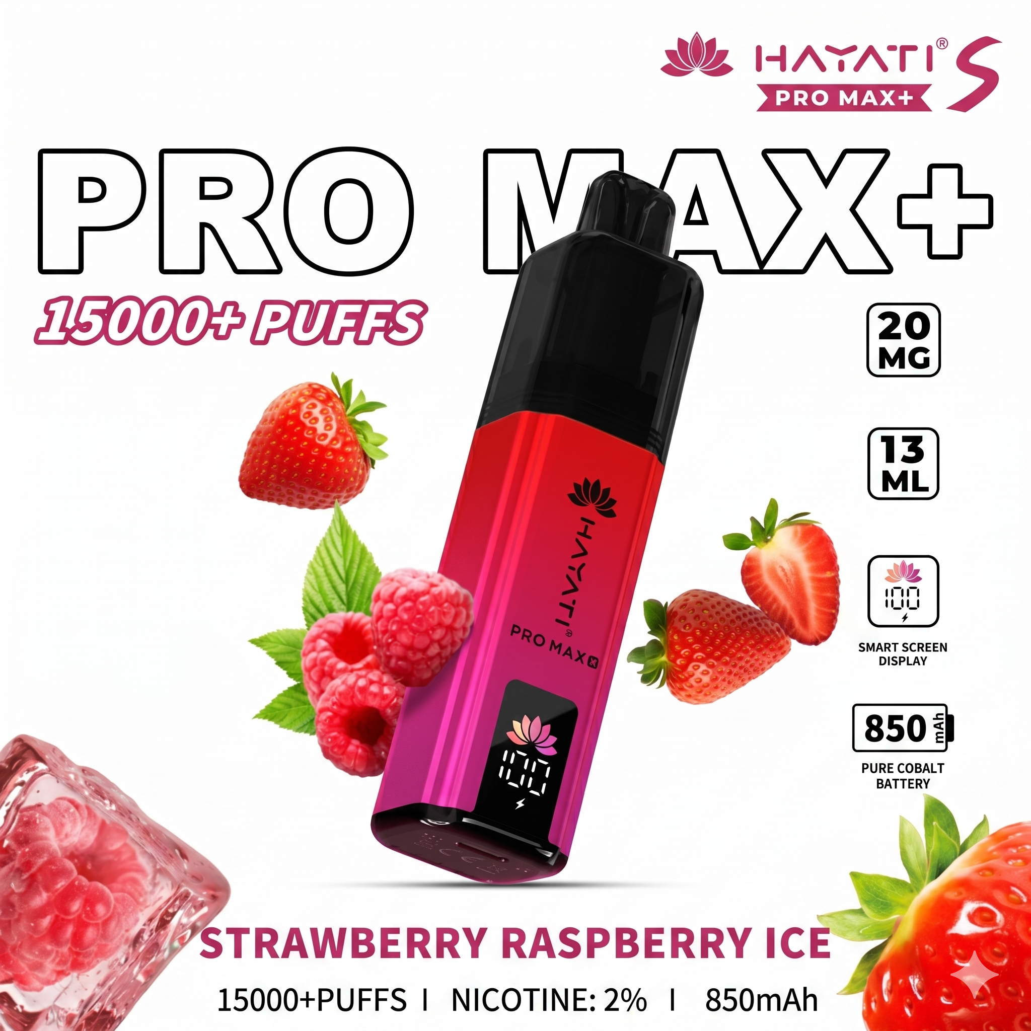 Hayati Pro Max+ Disposable Vape - Strawberry Raspberry Ice (20mg) 15000 Puffs