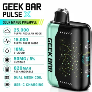 Geek Bar Pulse X Sour Mango Pineapple specifications infographic