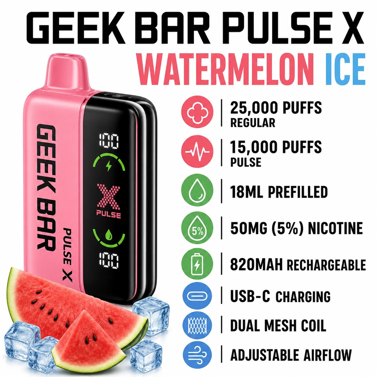 Geek Bar Pulse X Watermelon Ice specifications infographic