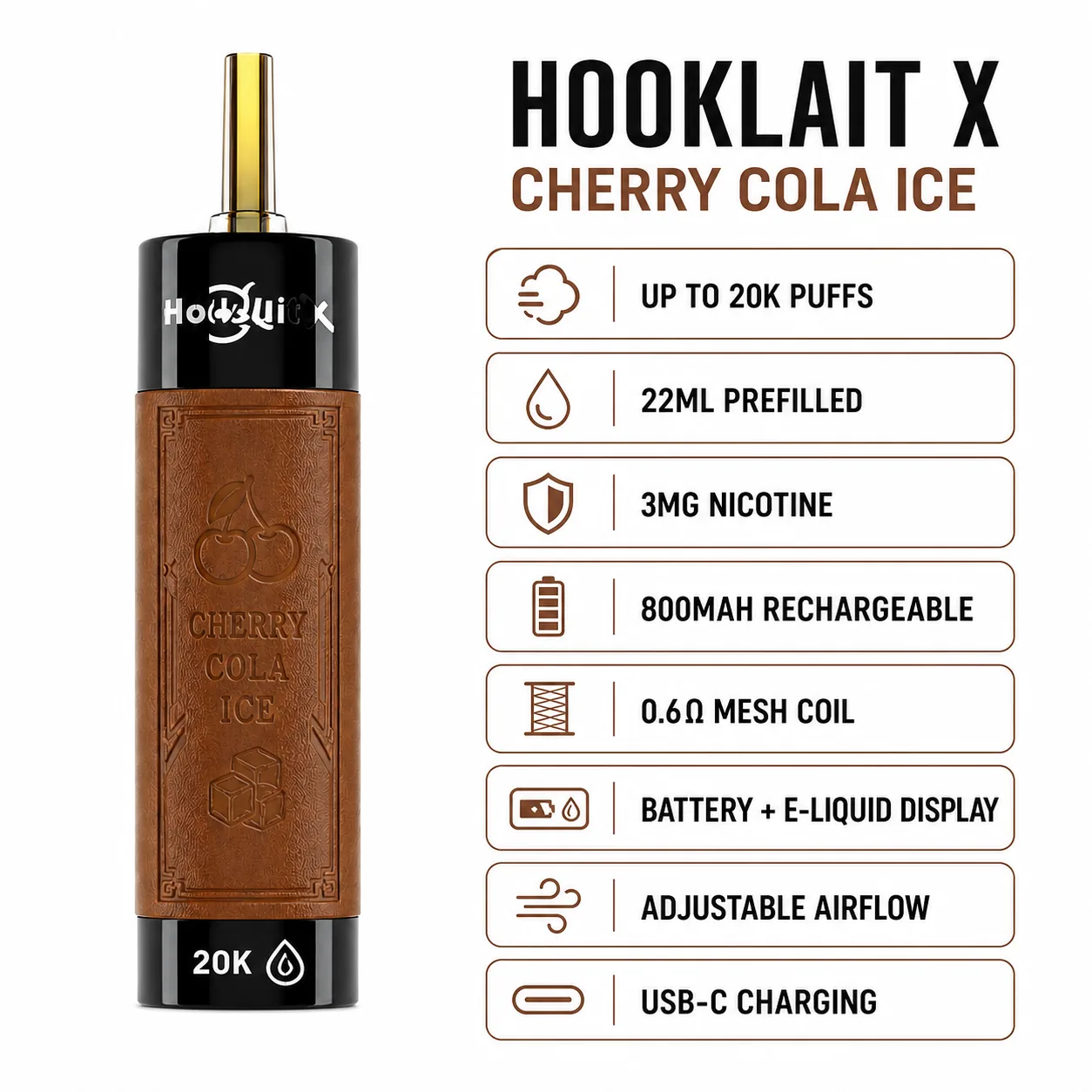 Hooklait X Cherry Cola Ice 20K disposable vape specifications infographic