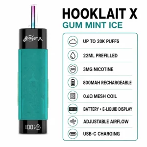 Hooklait X Gum Mint Ice 20K disposable vape specifications infographic
