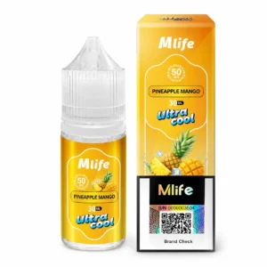MLife Ultra Cool Pineapple Mango 30ml 50mg nicotine salt bottle and box