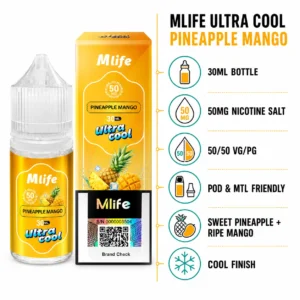 MLife Ultra Cool Pineapple Mango nicotine salt specifications infographic