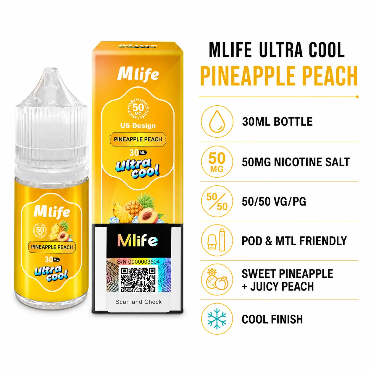 MLife Ultra Cool Pineapple Peach nicotine salt specifications infographic