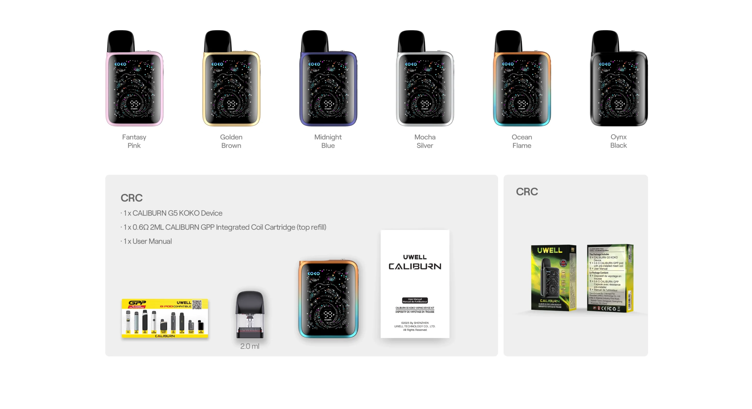 Official UWELL Caliburn G5 KOKO colors contents and CRC package image