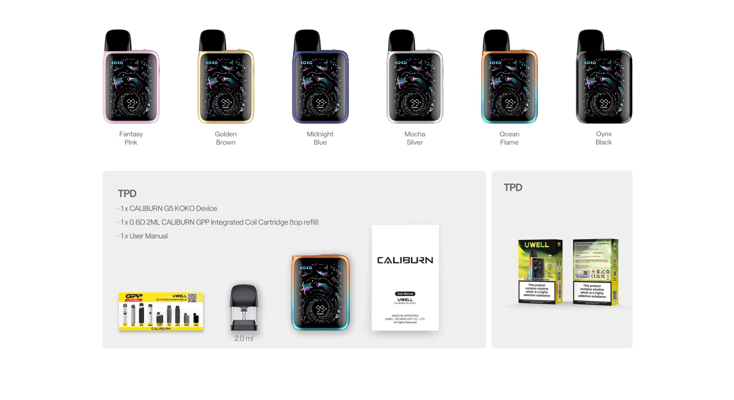 UWELL Caliburn G5 KOKO colors package contents and TPD official image