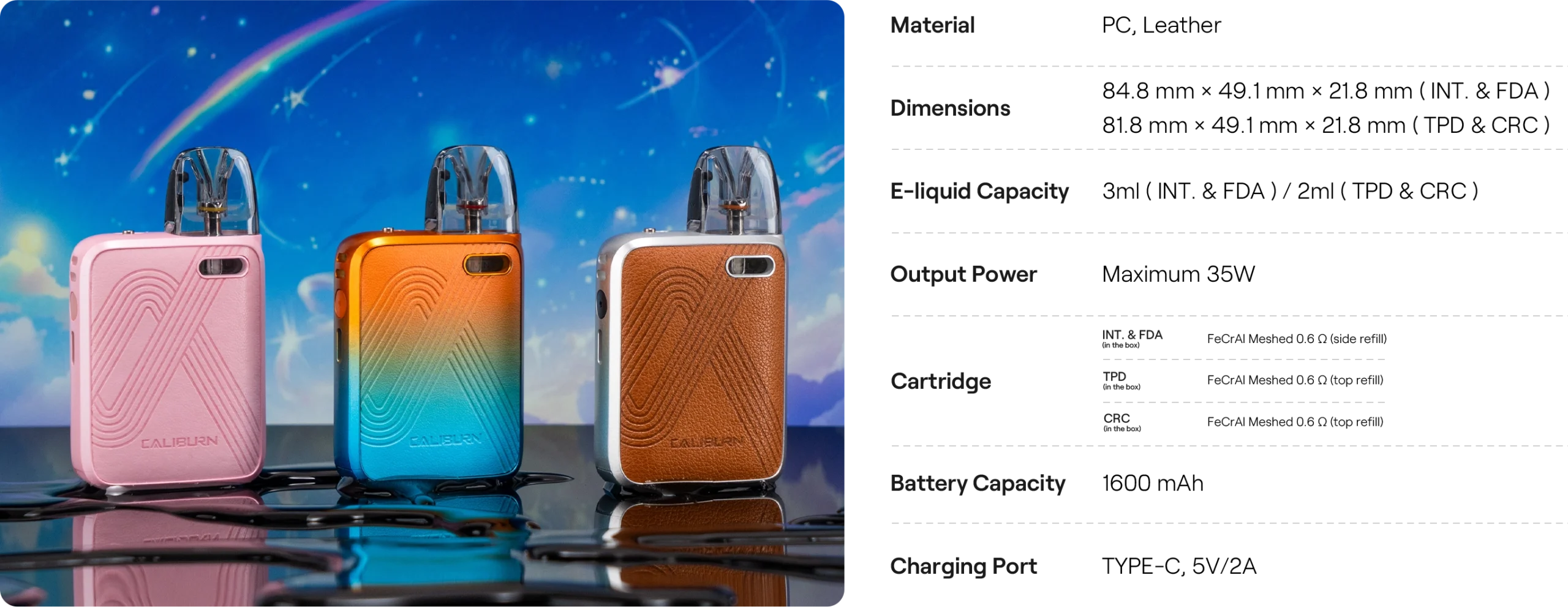 Official UWELL Caliburn G5 KOKO specifications image