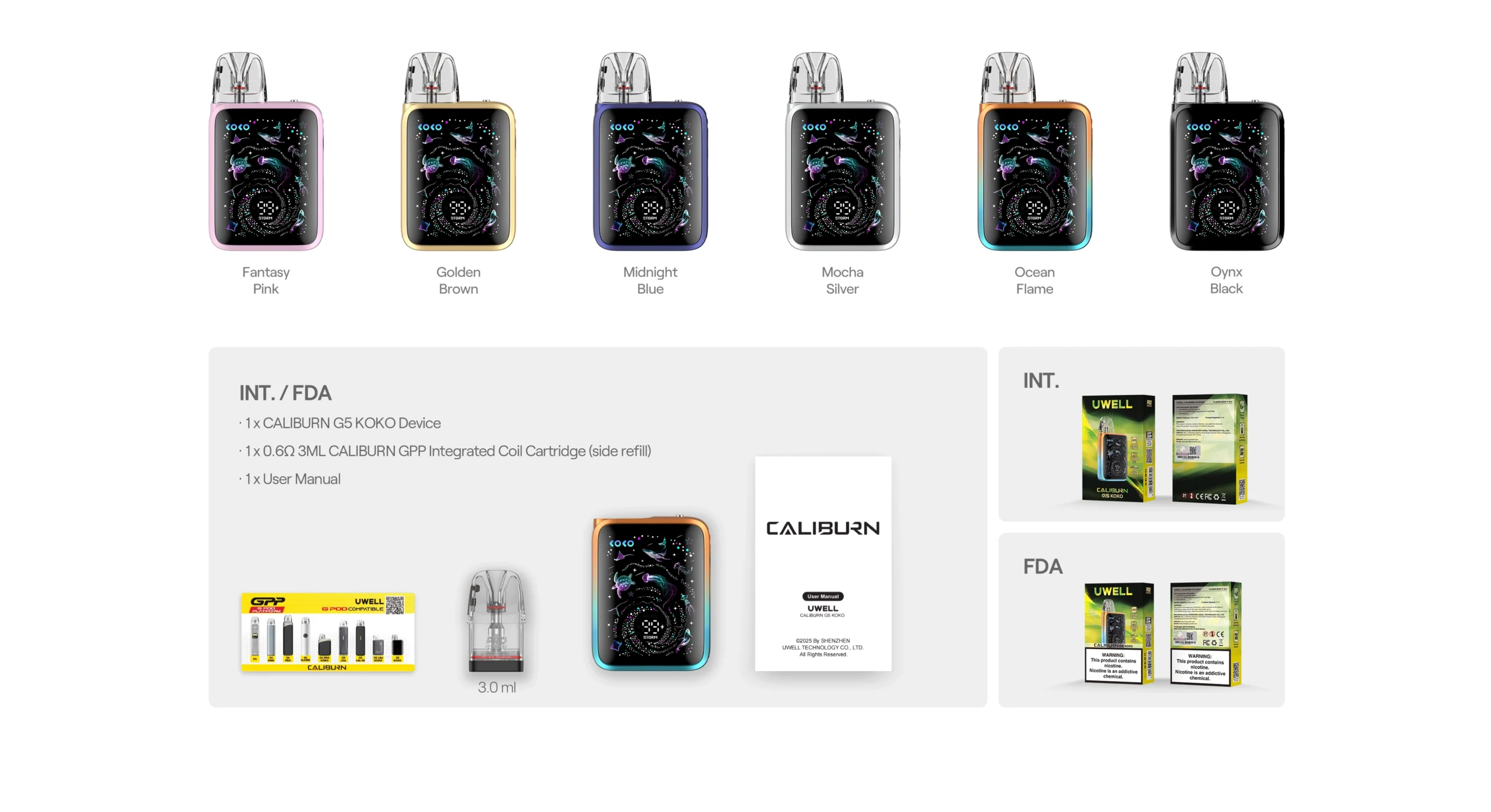 UWELL Caliburn G5 KOKO Pod Kit 35W 1600mAh official product and contents