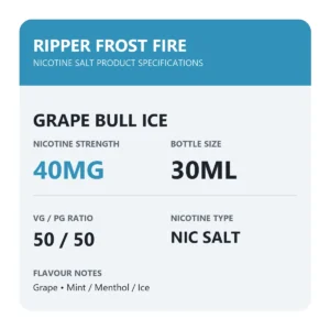 Ripper Frost Fire Grape Bull Ice nicotine salt specifications: 30ml, 40mg, 50/50 VG/PG