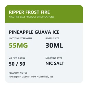 Ripper Frost Fire Pineapple Guava Ice nicotine salt specifications: 30ml, 55mg, 50/50 VG/PG