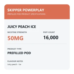 Skipper Powerplay Juicy Peach Ice specifications: 50mg, 16000 puffs, prefilled pod