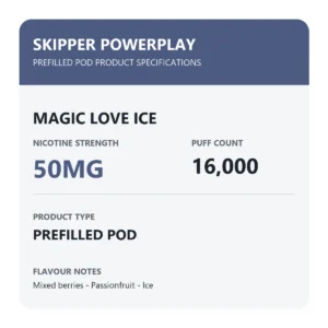 Skipper Powerplay Magic Love Ice specifications: 50mg, 16000 puffs, prefilled pod
