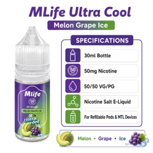 MLife Ultra Cool Melon Grape Ice 30ml 50mg nicotine salt specifications infographic