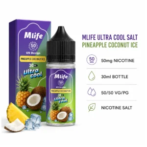 MLife Ultra Cool Salt - Pineapple Coconut Ice 30ml (50 mg) product specifications infographic