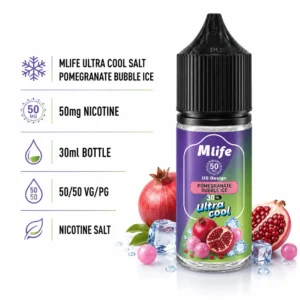MLife Ultra Cool Salt - Pomegranate Bubble Ice 30ml (50 mg) product specifications infographic
