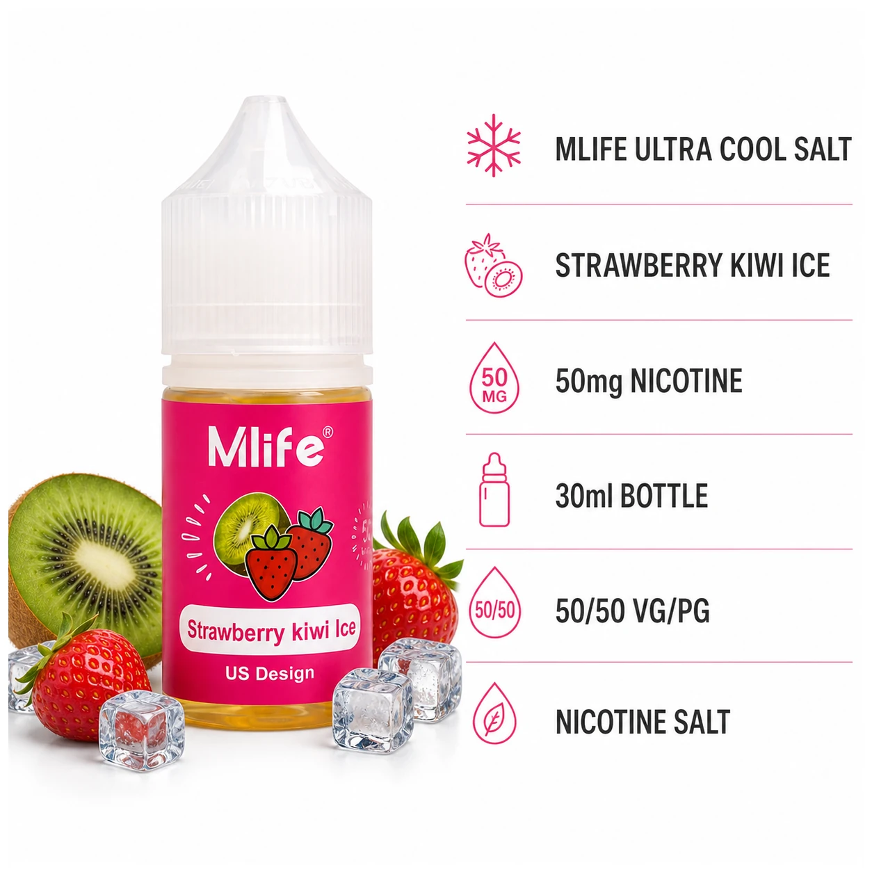 MLife Salt - Strawberry Kiwi Ice 30ml (50 mg) product specifications infographic
