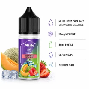 MLife Ultra Cool Salt - Strawberry Melon Ice 30ml (50 mg) product specifications infographic