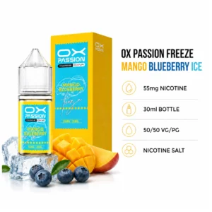 OX Passion Freeze Salt - Mango Blueberry Ice 30ml (55 mg) product specifications infographic