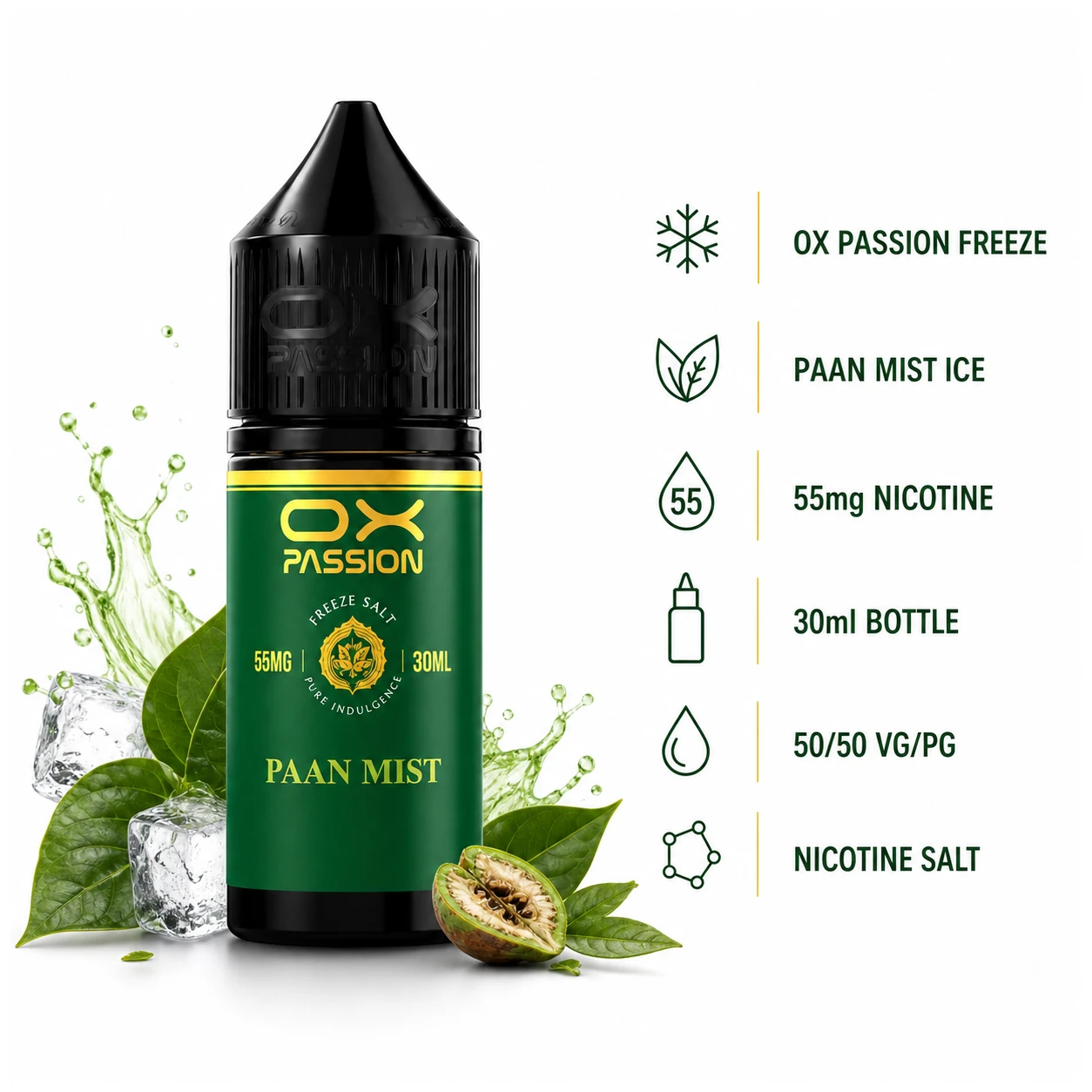 OX Passion Freeze Salt - Paan Mist Ice 30ml (55 mg) product specifications infographic