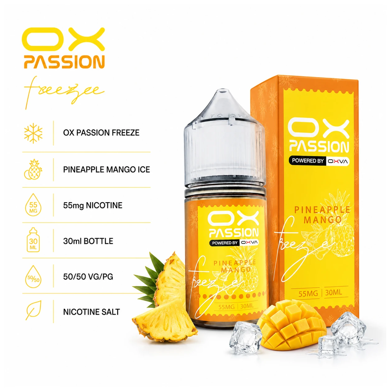 OX Passion Freeze Salt - Pineapple Mango Ice 30ml (55 mg) product specifications infographic