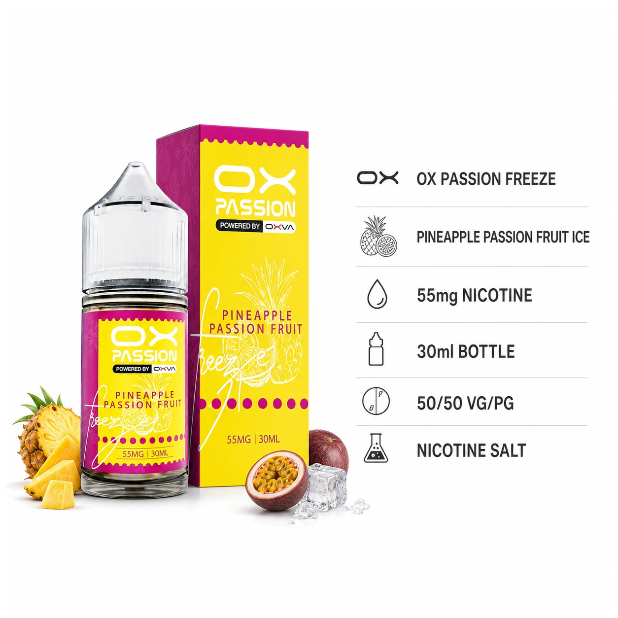 OX Passion Freeze Salt - Pineapple Passion Fruit Ice 30ml (55 mg) product specifications infographic