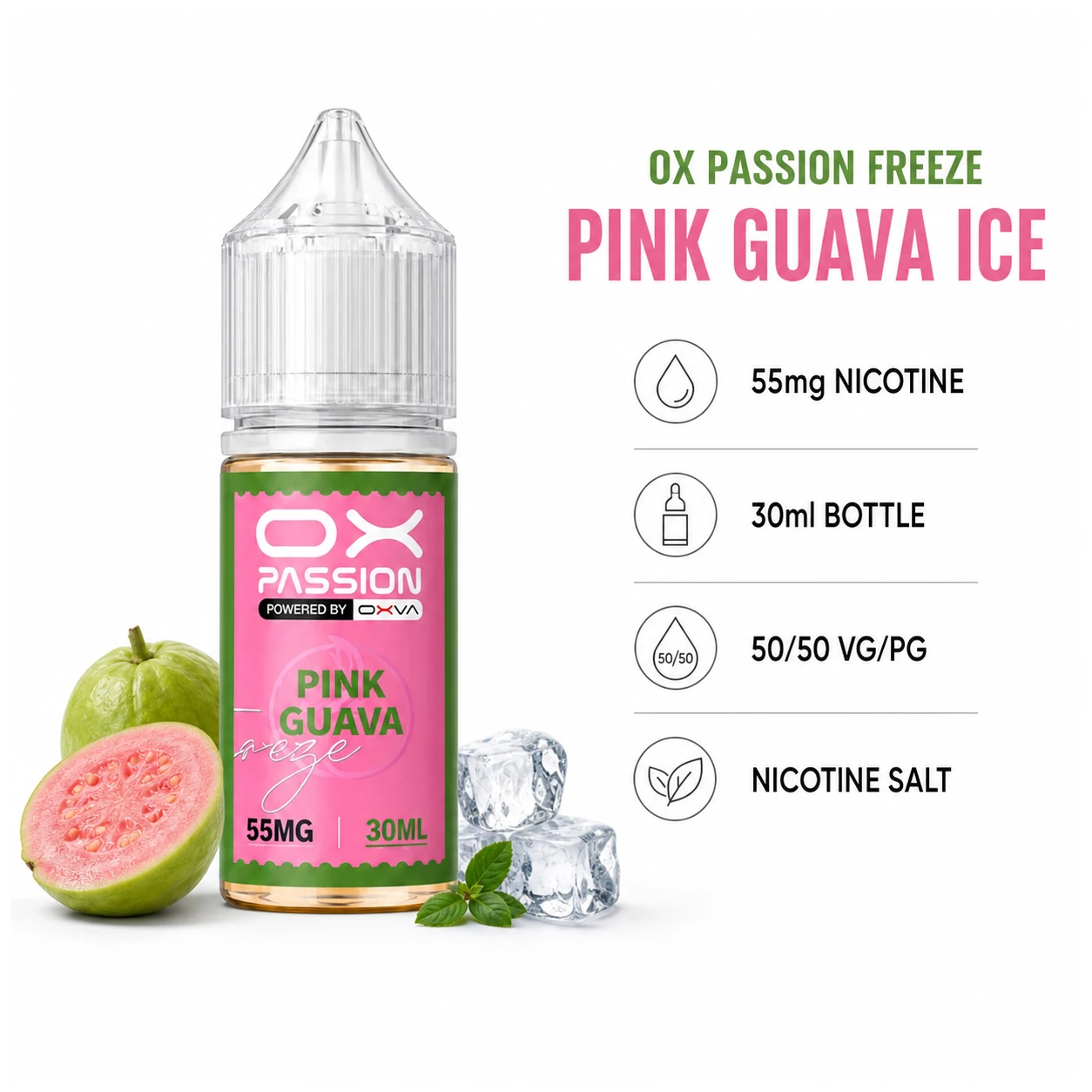 OX Passion Freeze Salt - Pink Guava Ice 30ml (55 mg) product specifications infographic