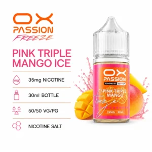 OX Passion Freeze Salt - Pink Triple Mango Ice 30ml (35 mg) product specifications infographic