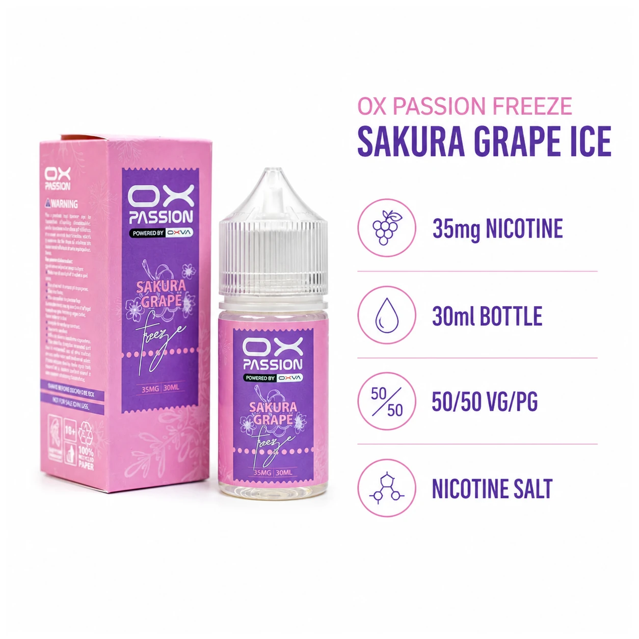 OX Passion Freeze Salt - Sakura Grape Ice 30ml (35 mg) product specifications infographic