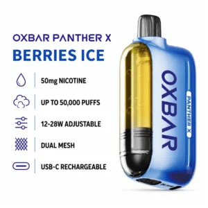 OXBAR x Dr Vapes Panther X Disposable Vape - Berries Ice (50mg) (50,000 Puffs) product specifications infographic