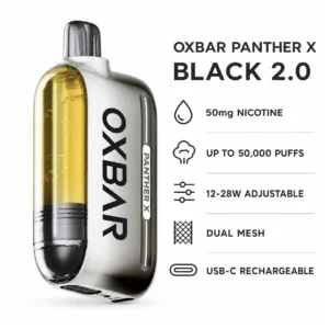 OXBAR x Dr Vapes Panther X Disposable Vape - Black 2.0 (50mg) (50,000 Puffs) product specifications infographic
