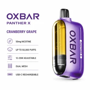 OXBAR x Dr Vapes Panther X Disposable Vape - Cranberry Grape (50mg) (50,000 Puffs) product specifications infographic