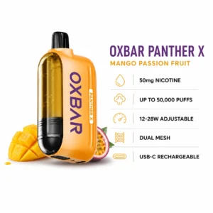 OXBAR x Dr Vapes Panther X Disposable Vape - Mango Passion Fruit (50mg) (50,000 Puffs) product specifications infographic