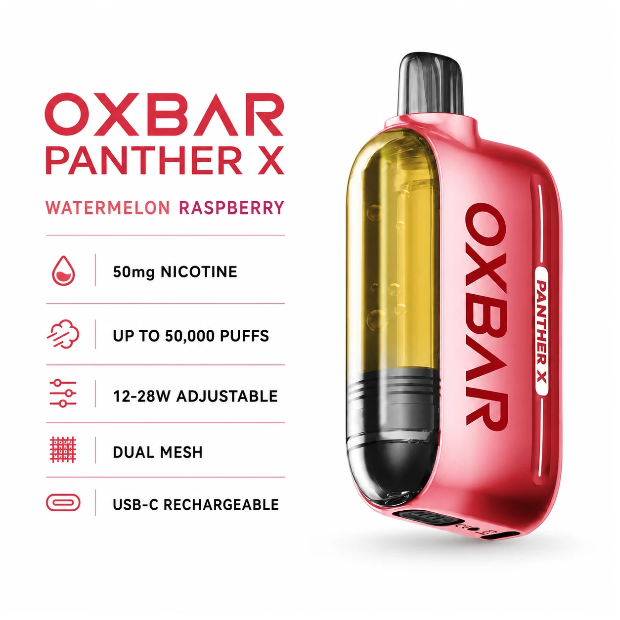 OXBAR x Dr Vapes Panther X Disposable Vape - Watermelon Raspberry (50mg) (50,000 Puffs) product specifications infographic