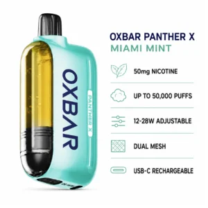 OXBAR x Dr Vapes Panther X Disposable Vape - Miami Mint (50mg) (50,000 Puffs) product specifications infographic