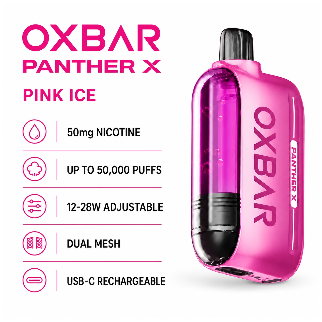 OXBAR x Dr Vapes Panther X Disposable Vape - Pink Ice (50mg) (50,000 Puffs) product specifications infographic