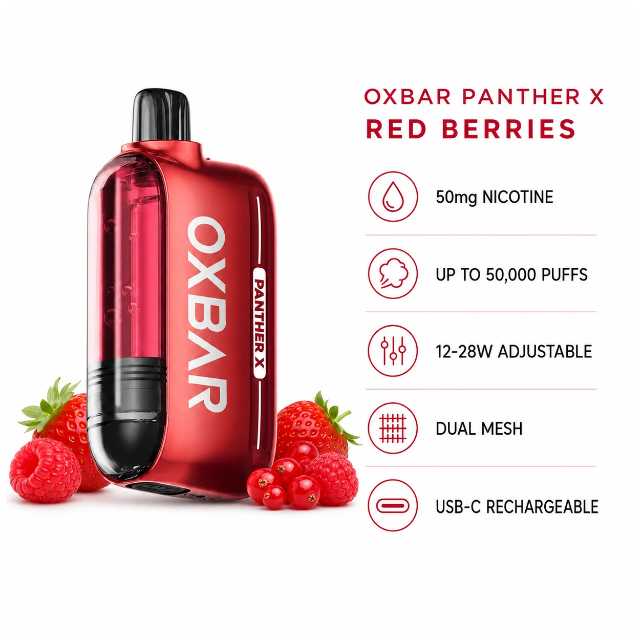 OXBAR x Dr Vapes Panther X Disposable Vape - Red Berries (50mg) (50,000 Puffs) product specifications infographic