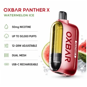 OXBAR x Dr Vapes Panther X Disposable Vape - Watermelon Ice (50mg) (50,000 Puffs) product specifications infographic