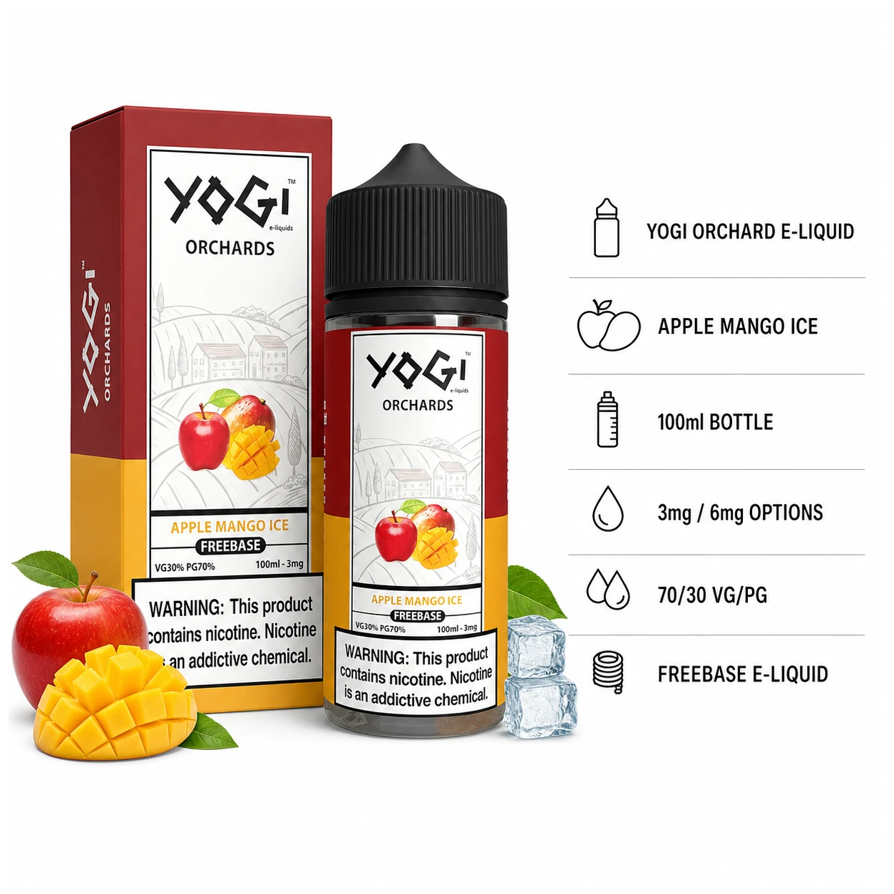 Yogi Orchard E Liquids - Apple Mango Ice 100ml (3, 6 mg) product specifications infographic