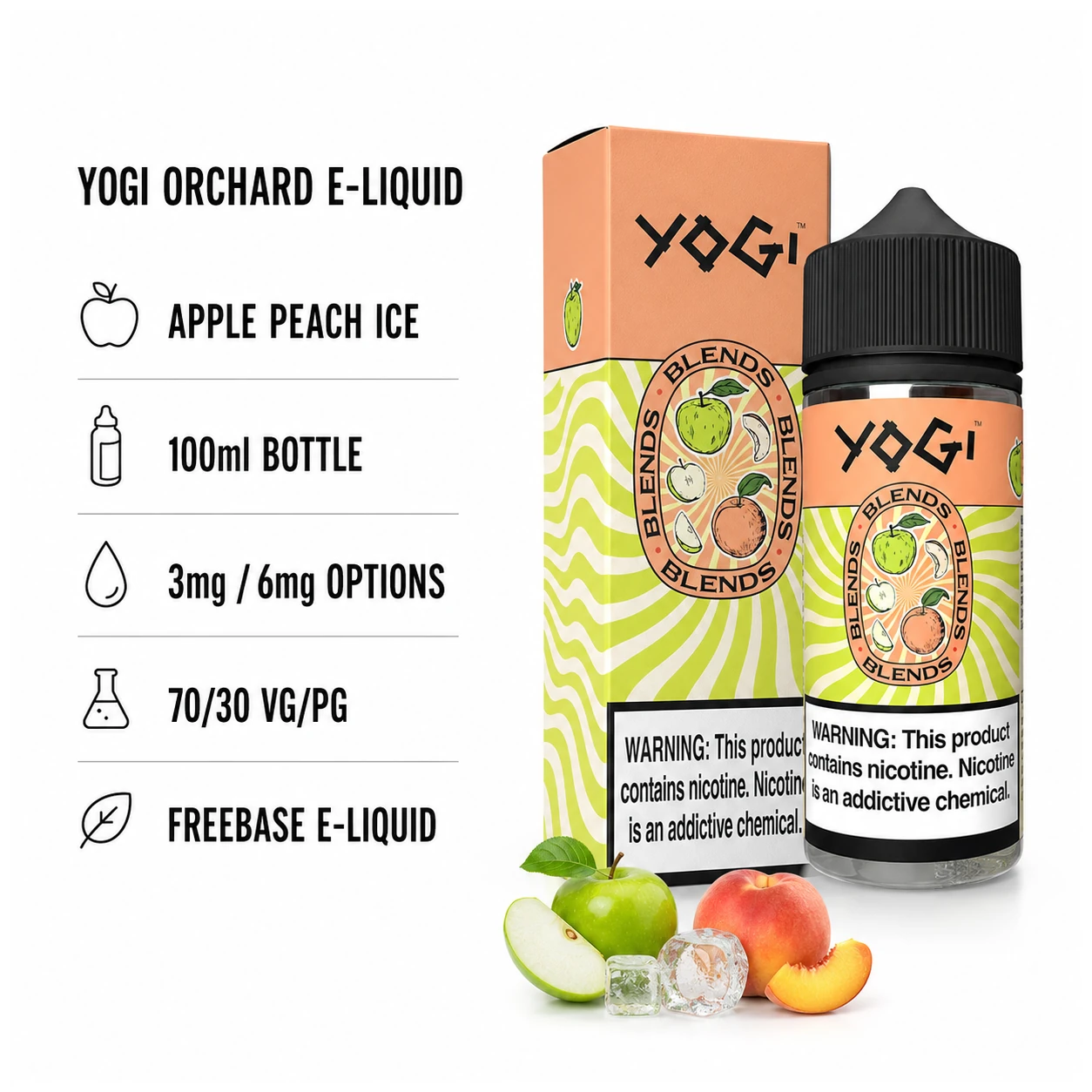 Yogi Blends E Liquids - Apple Peach Ice 100ml (3, 6 mg) product specifications infographic