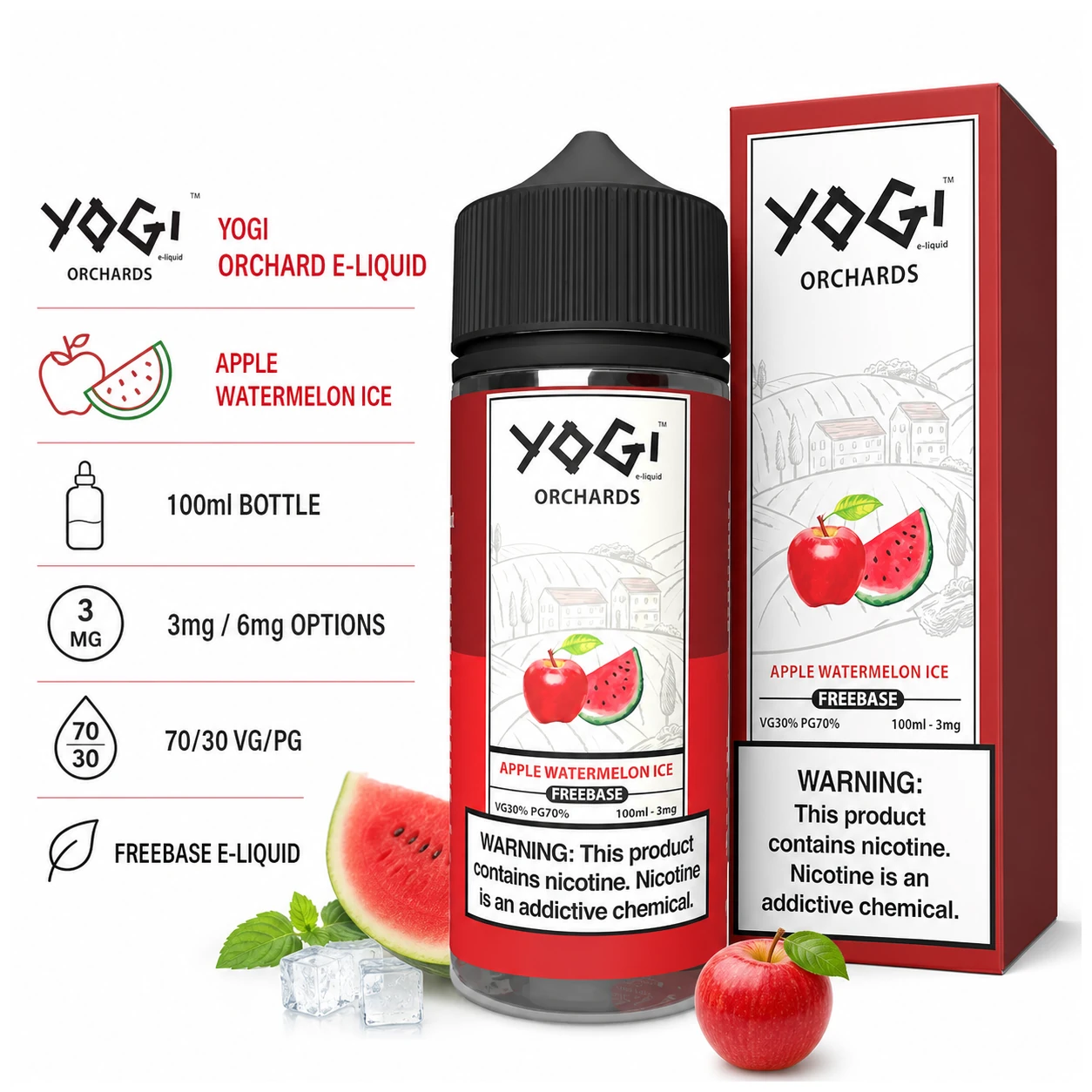 Yogi Orchard E Liquids - Apple Watermelon Ice 100ml (3, 6 mg) product specifications infographic