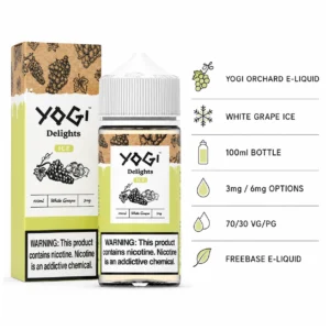 Yogi Delights E Liquids - White Grape Ice 100ml (3, 6 mg) product specifications infographic
