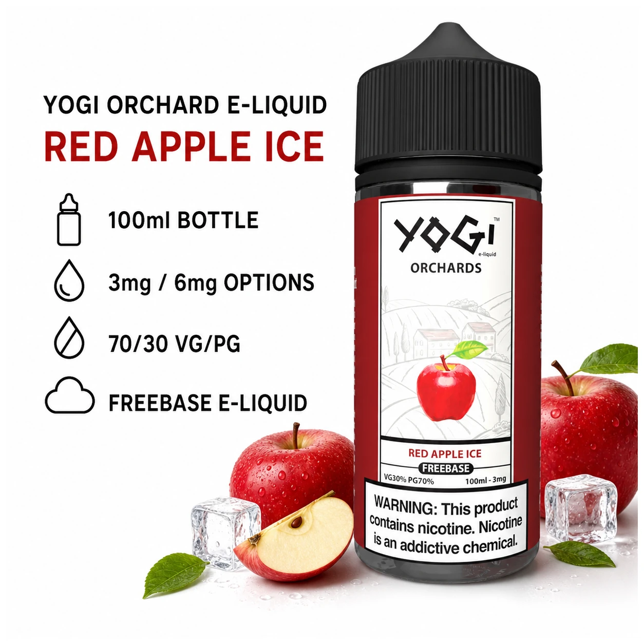 Yogi Orchard E Liquids - Red Apple Ice 100ml (3, 6 mg) product specifications infographic