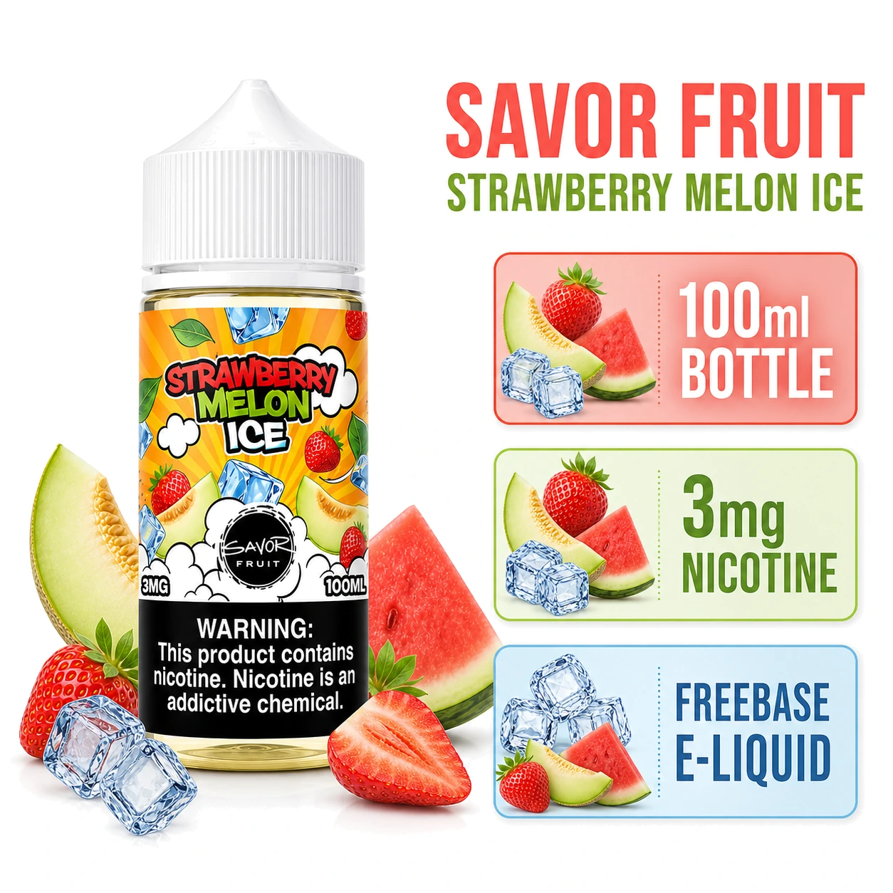 Savor Fruit Freebase - Strawberry Melon Ice 100ml (3 mg) specifications