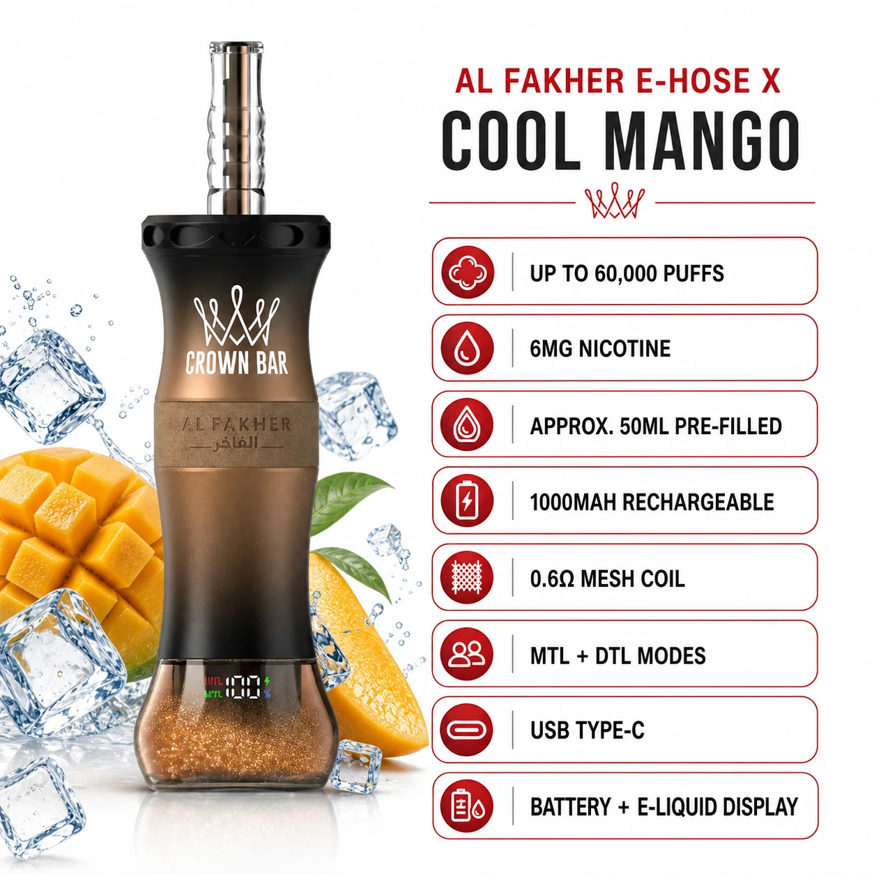 Al Fakher E-Hose X Cool Mango 60000 puffs specifications