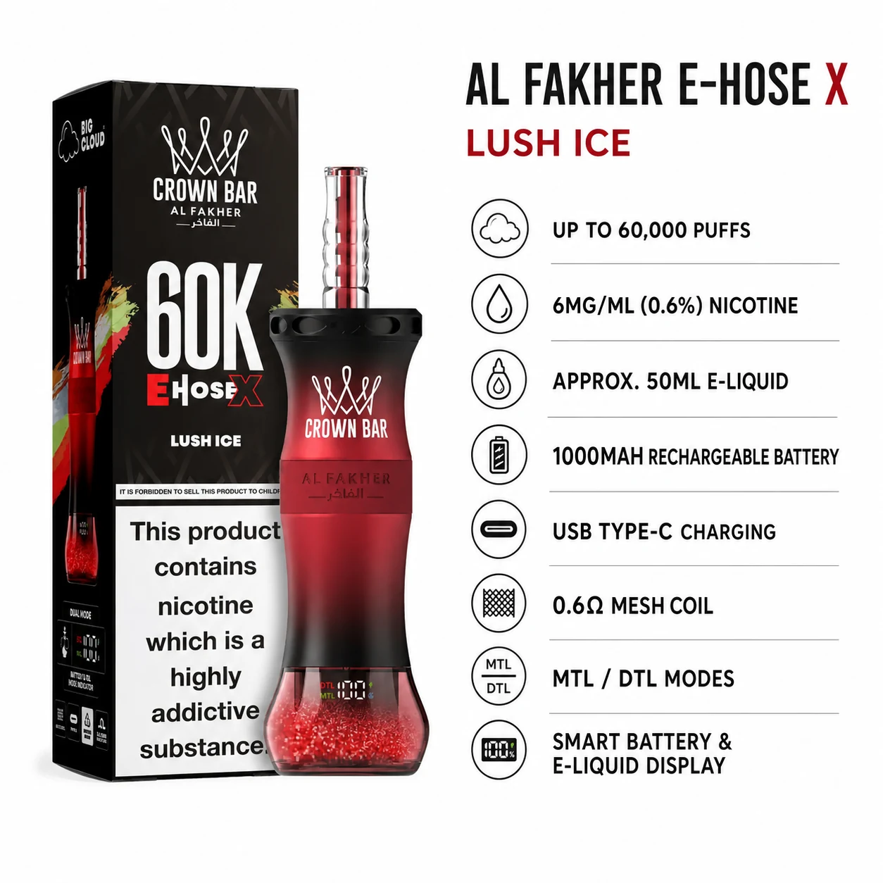 Al Fakher E-Hose X Lush Ice 60000 puffs specifications