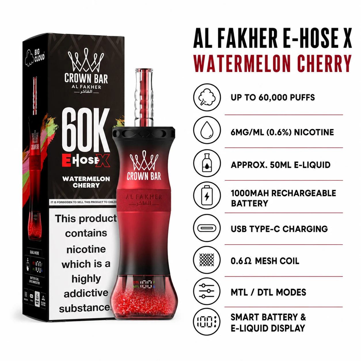 Al Fakher E-Hose X Watermelon Cherry 60000 puffs specifications
