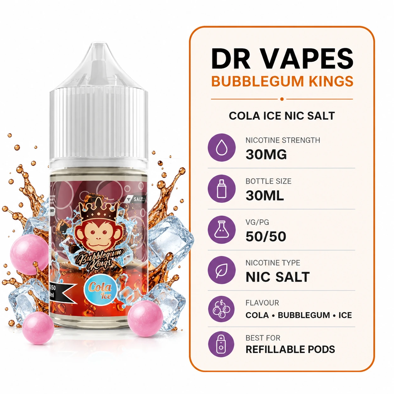 Dr Vapes Bubblegum Kings Cola Ice 30ml nic salt specifications